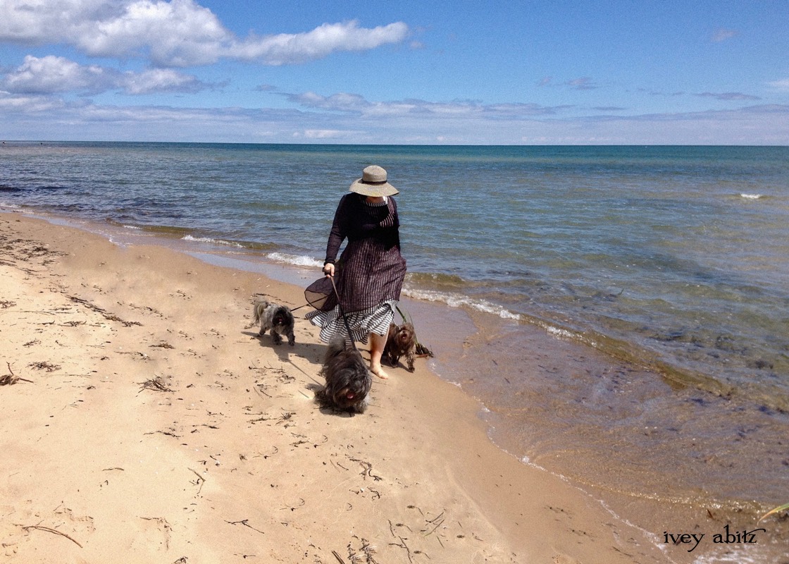Cynthia Ivey Abitz, clothing designer, walks Lake Huron with her rescue dogs.