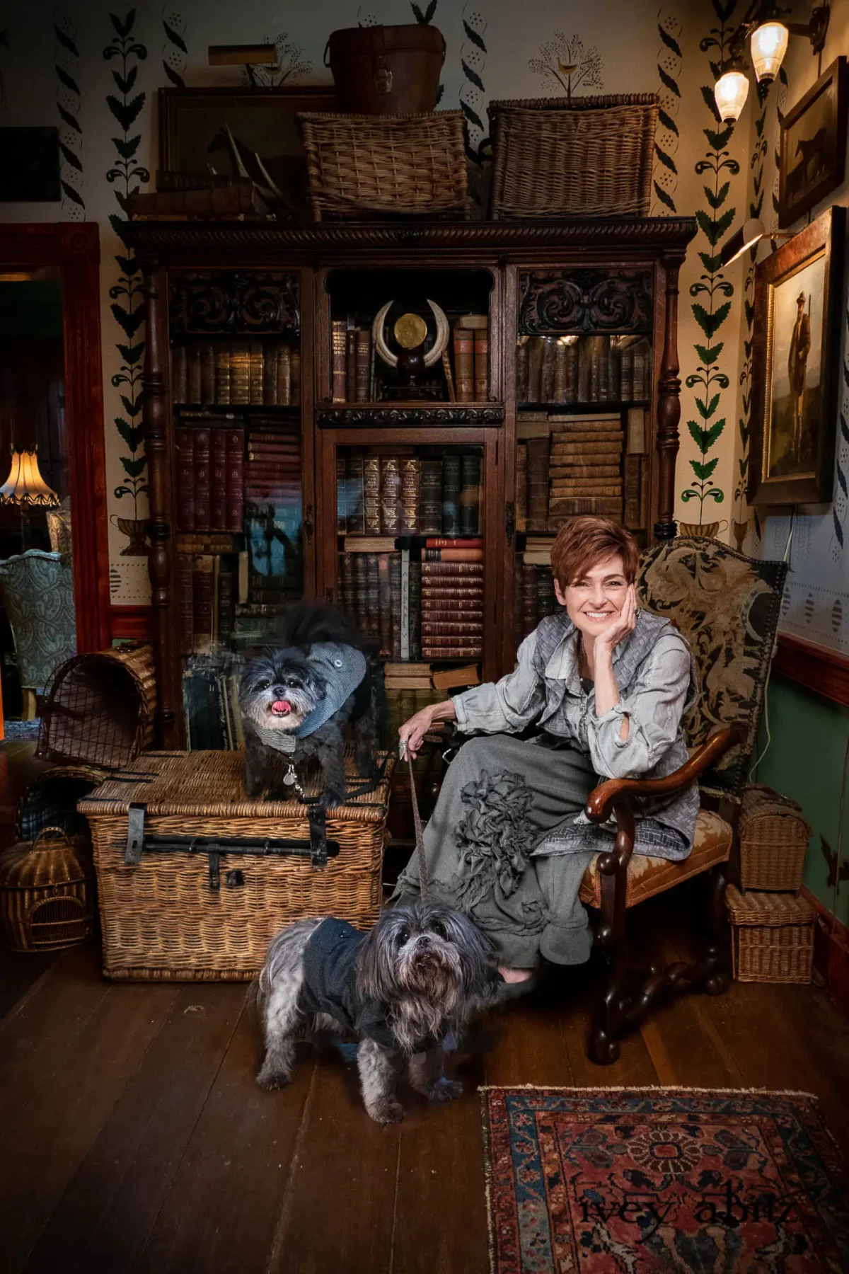 Emmy Winning Actress Carolyn Hennesy with Arthur and Wolfgang. Carolyn is wearing Ivey Abitz bespoke clothing from the Winter Spring 2023 collection.
