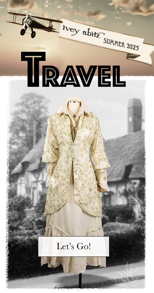 A biplane flying a banner that reads Ivey Abitz 2025 Summer over a dress form wearing Ivey Abitz clothing in front of a charming stone cottage with a thatched roof.