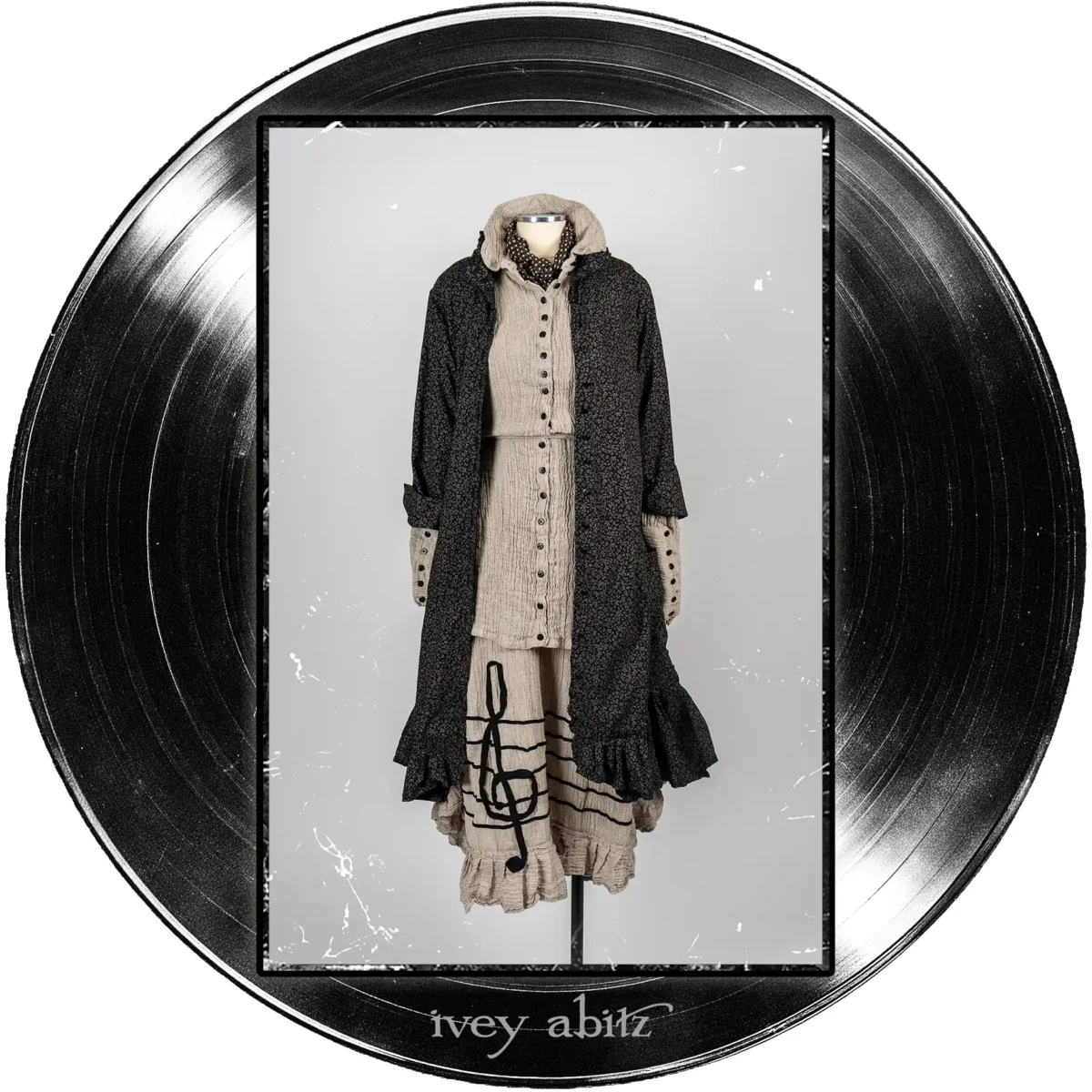 Tilbrook Duster Coat in Quarter Note Piccolo Fiore Voile; Treble Frock in Half Note Washed Crinkled Weave; Coulson Shirt in Half Note Washed Crinkled Weave; Harbourhill Tie in Microphone Dotted Silk Chiffon.